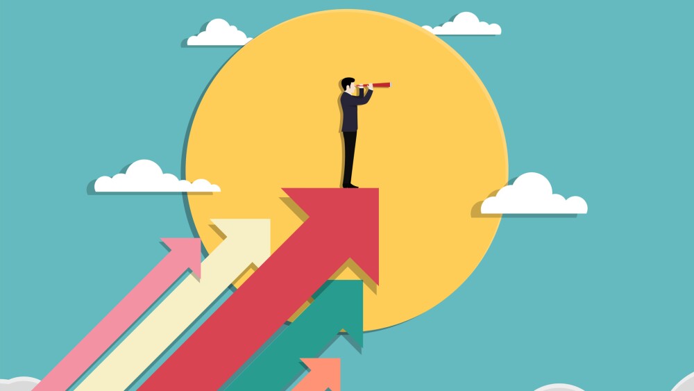 Business vision and target. Businessman holding telescope standing on arrow up go to success in career. Concept business, Achievement, Character, Leader, Vector illustration flat