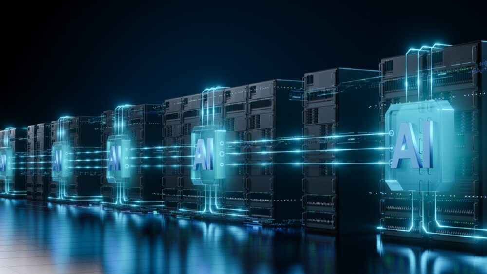 Modern data center with AI server racks connected by glowing blue lines, representing artificial intelligence, advanced computing, and data processing.