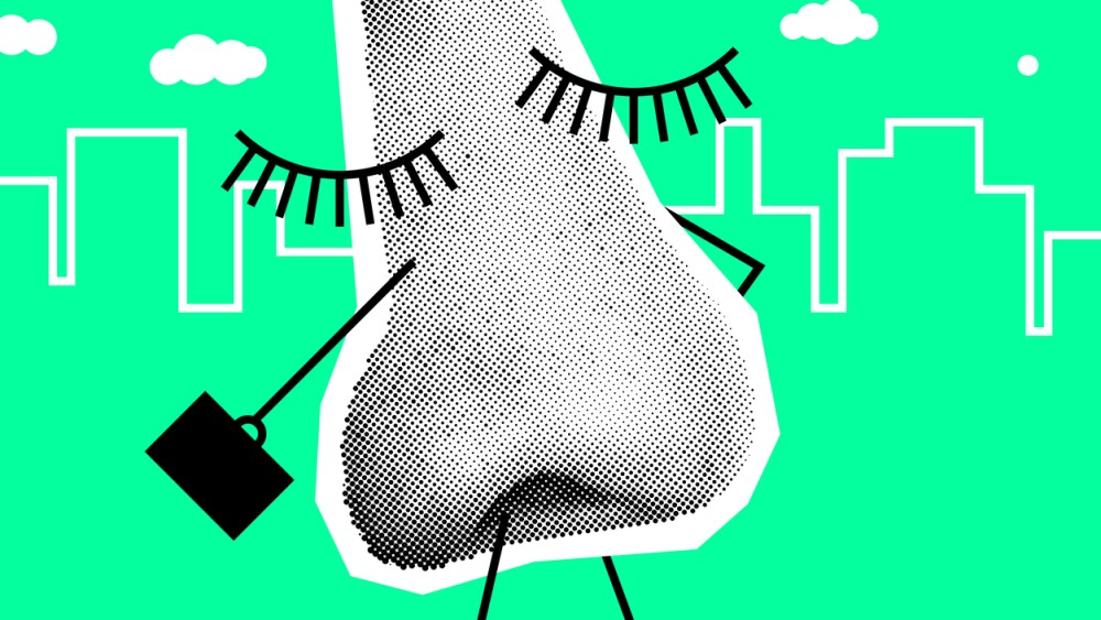 Human Nose Like Worker Is Going To Work. Vector Collage Illustration Against The Background Of The City