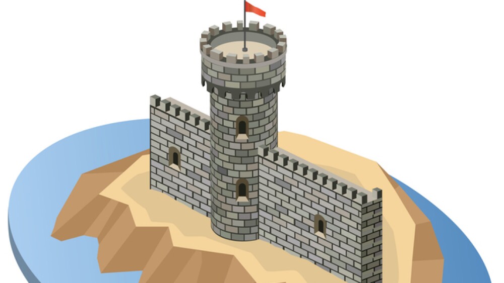 Isometric projection of a medieval castle on an island