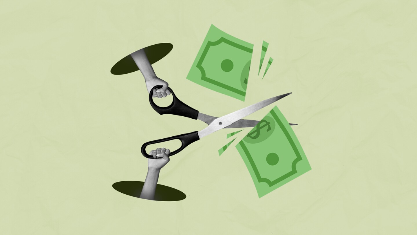 Creative collage picture human hands hold scissors banknote cash cut money inflation crisis funds salary devaluation drawing background.