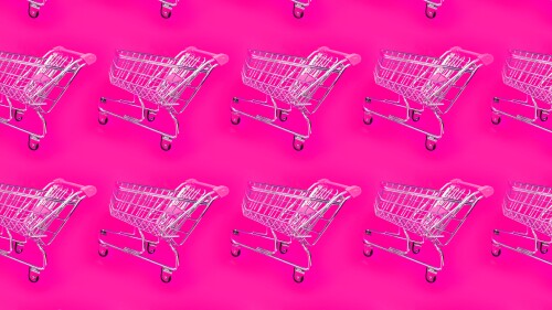 Bright pink background with a trolley for the supermarket. Modern web template for promotion design. Seamless geometric pattern. Abstract art.