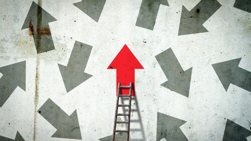 Arrows on a concrete wall. Red arrow, right direction. Stairs. Leadership concept. Team. Business Finance Background