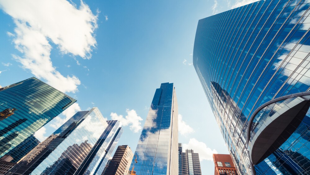 Modern tower buildings in financial district on sunny day in Chicago