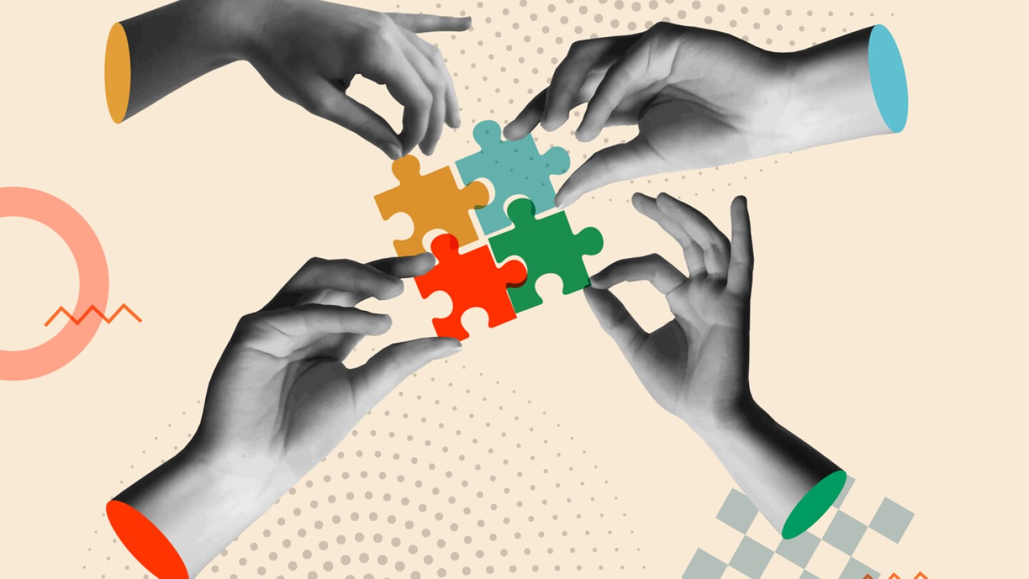 Human hands holding colorful puzzle pieces in 80s retro collage vector illustration. Mixed media artwork for concept of cooperation, teamwork, partnership and successful solutions.
