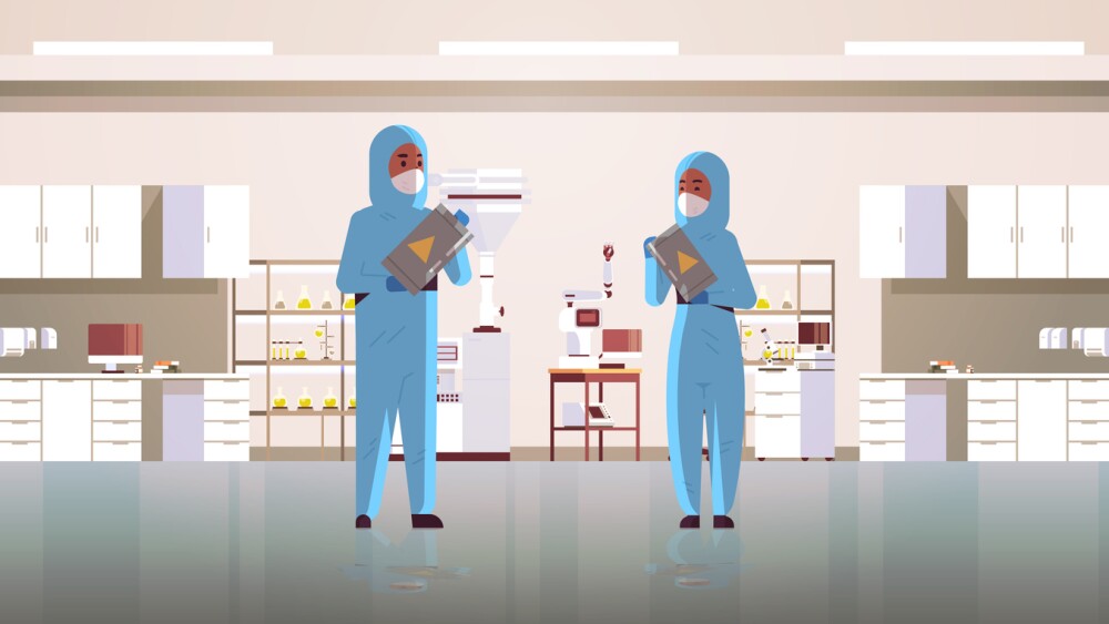 scientists couple holding barrels with warning sign african american man woman in protective suits working with chemicals research science concept modern laboratory interior full length horizontal vector illustration..