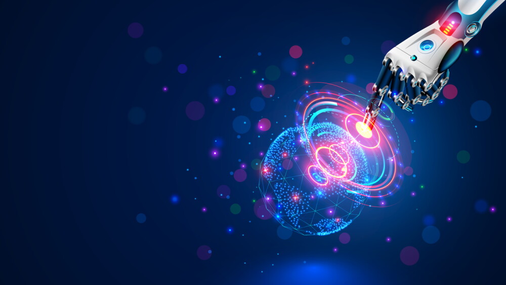 AI. Global communication technology concept. AI controls global network. Robot hand point on Earth in cyber space. Robotic arm interacts with 3d Earth on HUD. Artificial intelligence connections IOT.