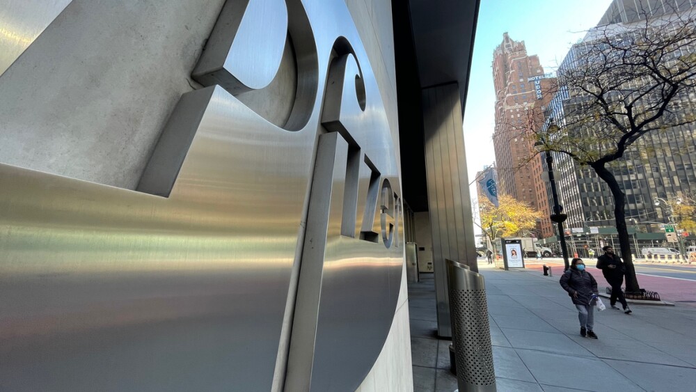 East 42nd Street in New York City, Home of Pfizer Maker of Medicines and the First Approved Covid-19 Pandemic in the United States