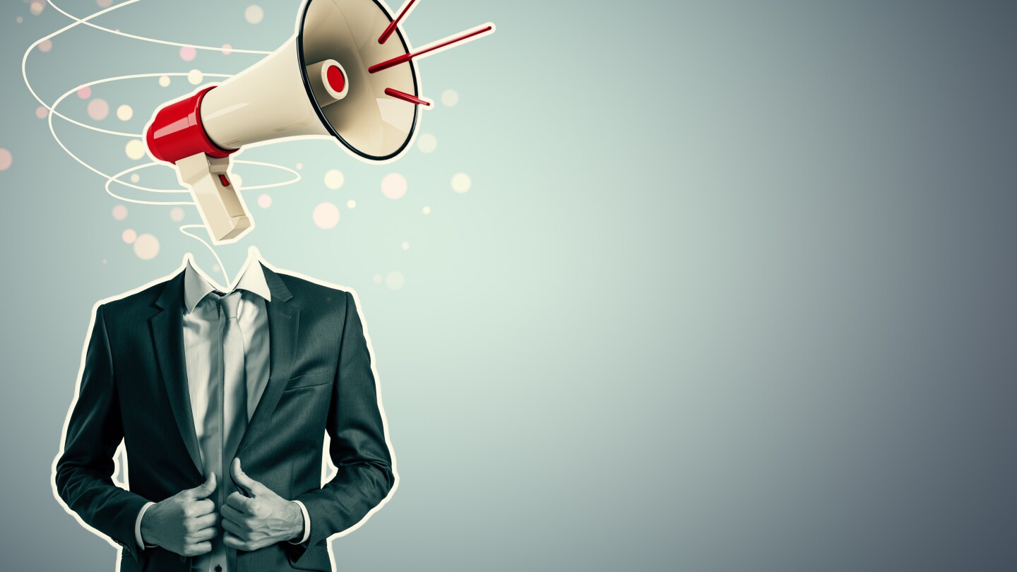 Businessman with megaphone head, creative abstract style, light blue background. Concept of advertising, communication, and promotion