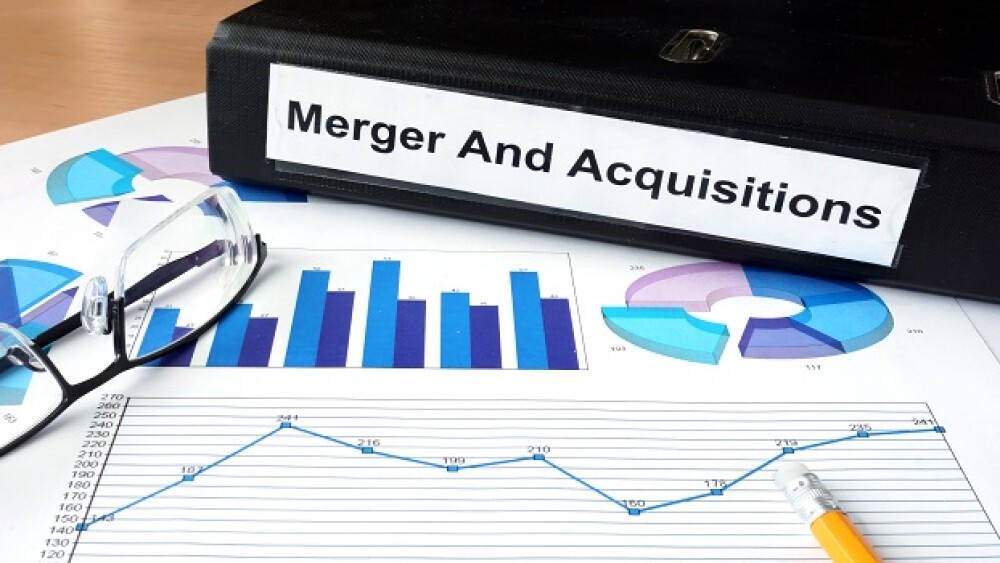 File folder with Merger and Acquisition and financial graphs. Business concept
