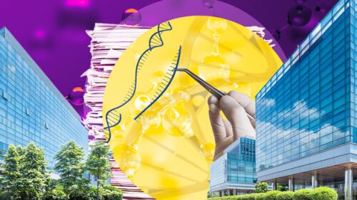 Illustration of a stack of paper and tweezers editing a strand of DNA in between two glass office buildings