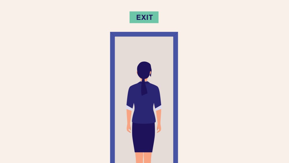 Illustration of young woman standing in front of exit door