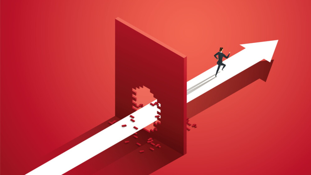Businesswoman running arrow path breaking barriers of inequality, feminism, overcoming women's obstacles. and leadership. isometric vector illustration.
