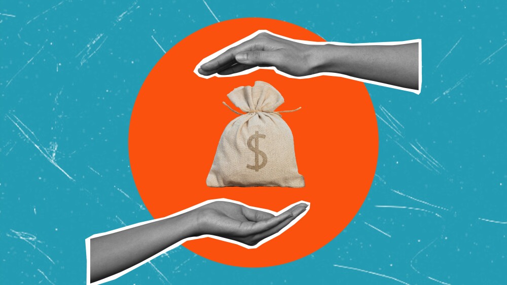 Contemporary art collage, female palms in the orange circle, a bag of money. Concept of business and finance.