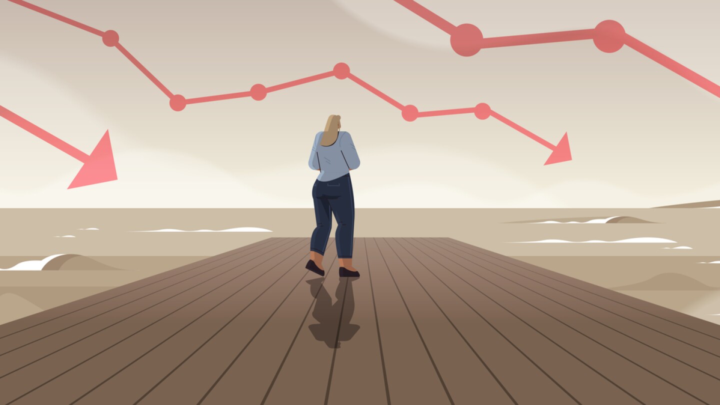 rear view businesswoman standing on wooden pier and looking to sea business and challenge crisis bankruptcy concept horizontal full length vector illustration