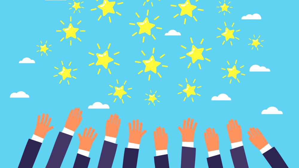 Concept of success. Business men catch by hands stars in the sky. Flat design, vector illustration.