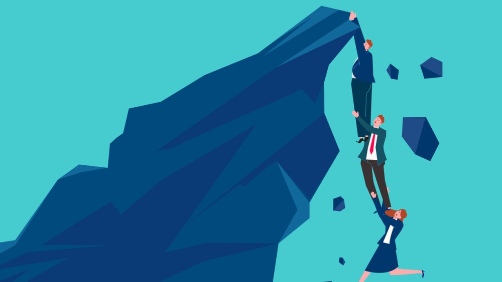 Illustration showing three businesspeople hanging on the edge of a cliff