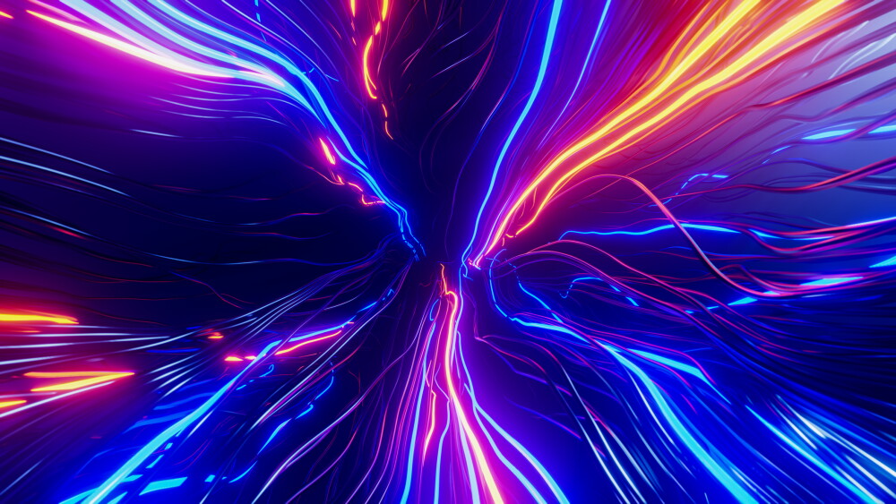 The intertwining wires flash in different colors, 3D rendering illustration.