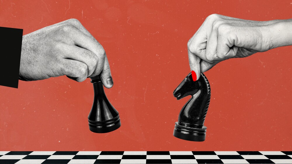 Composite photo collage of two players hold chess board game hobby tactic horse queen championship leisure isolated on painted background.