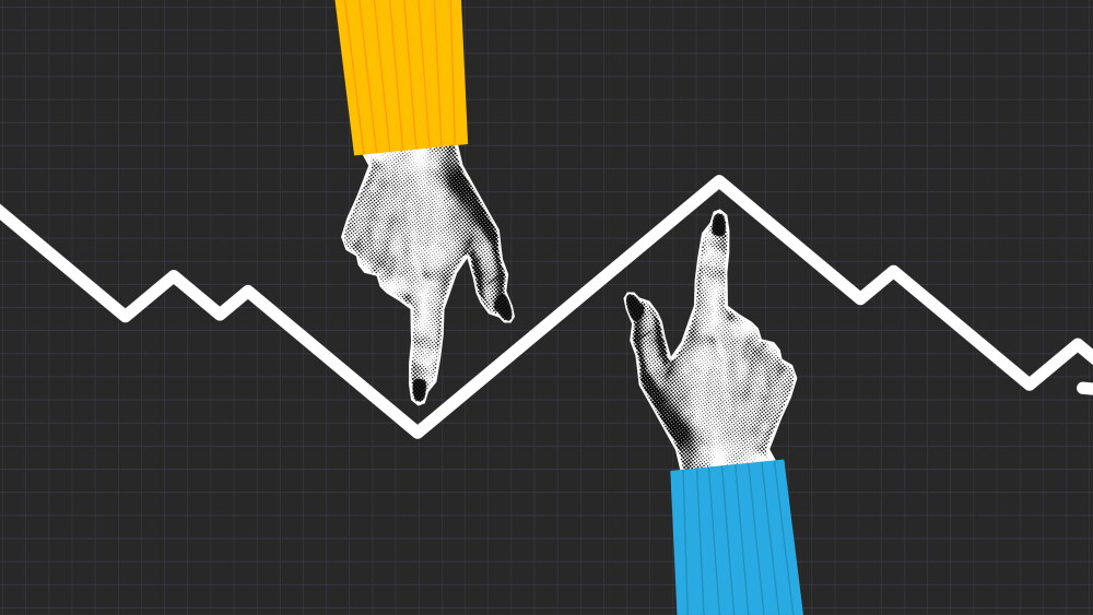 Collage with halftone two hands and arrow graph which growth and going down at direction of hands. oncept of growth and decline of investments, stocks or market in business. Vector illustration.