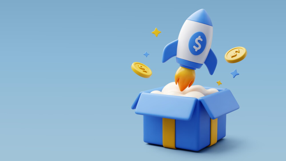 3D Vector Rocket launching from a gift box with coins and sparkles
