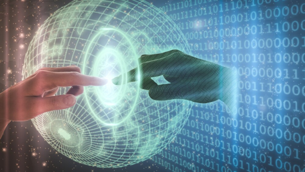 Hand touches AI artificial intelligence, digital data and future technology. Futurism, robot computer software, digital twin, blockchain, virtual technology.