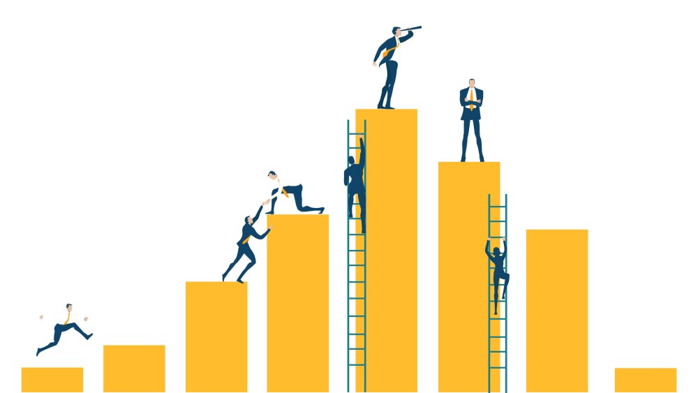 Business people standing and climbing up to the growth bars, helping each other, working as team and looking for the better deals in future