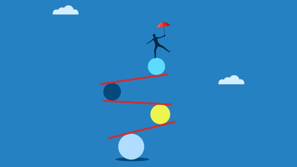 Control, Fluctuation, Uncertainty, Businessman balancing with an umbrella