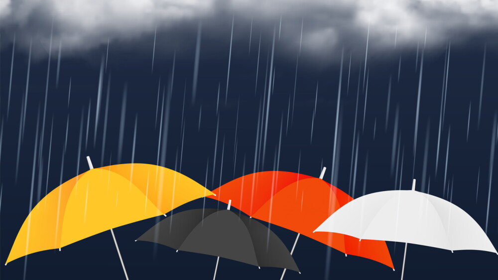 Monsoon sale banner. Colorful umbrellas and rainy clouds. Autumn rain weather, realistic vector illustration. Cloud rainy season, rain stormy