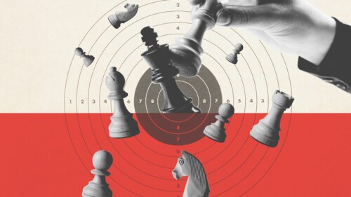 A player checkmates the king, target in the background, chess game and strategy concept, vintage style poster
