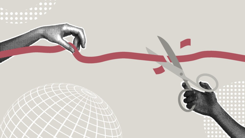 Modern halftone collage. Concept of starting a new business, opening ceremony, launching a new product. Halftone hand cutting red ribbon with scissors symbolizing opening or starting a new. Modern business collage for design. Vector illustration