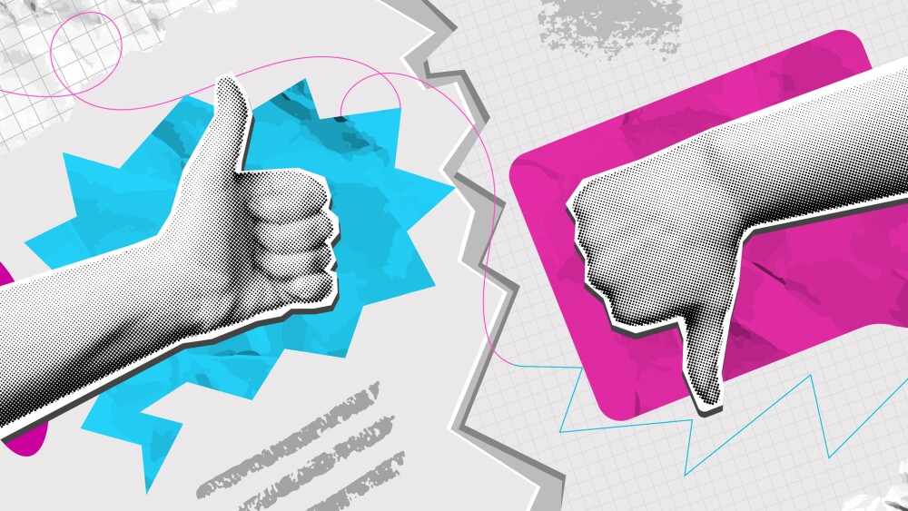 Pros and cons collage. Mixed media thumbs up and thumbs down hand gestures with speech bubbles. Review concept, positive and negative feedback vector illustration.