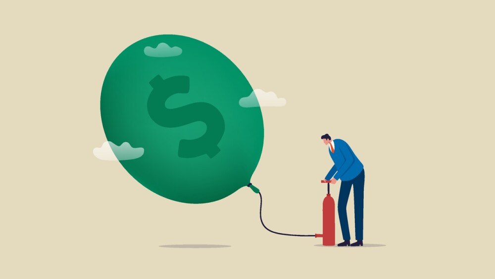 Inflation Bubble and the Financial. Crisis economic recession. Businessman inflating dollar sign balloon with tire pump. illustration