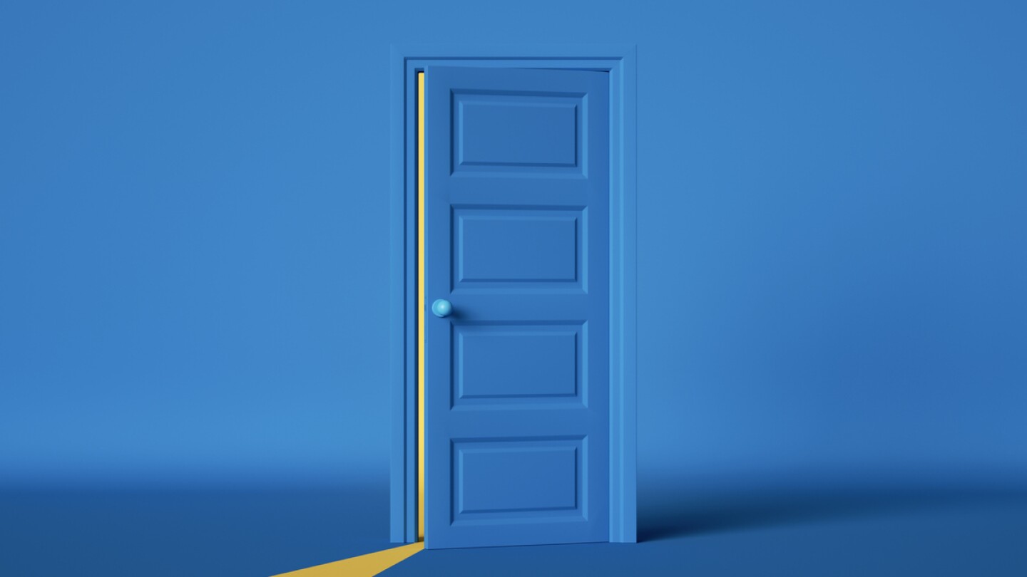 3d render, open blue door isolated on blue background, yellow light going through the slot. Architectural design element. Modern minimal concept. Opportunity metaphor.