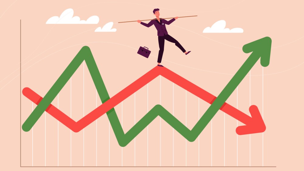 Illustration of man balancing on arrow going up and down over chart