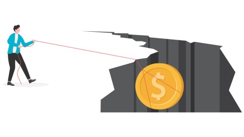 Businessman pulling a money bag down the cliff