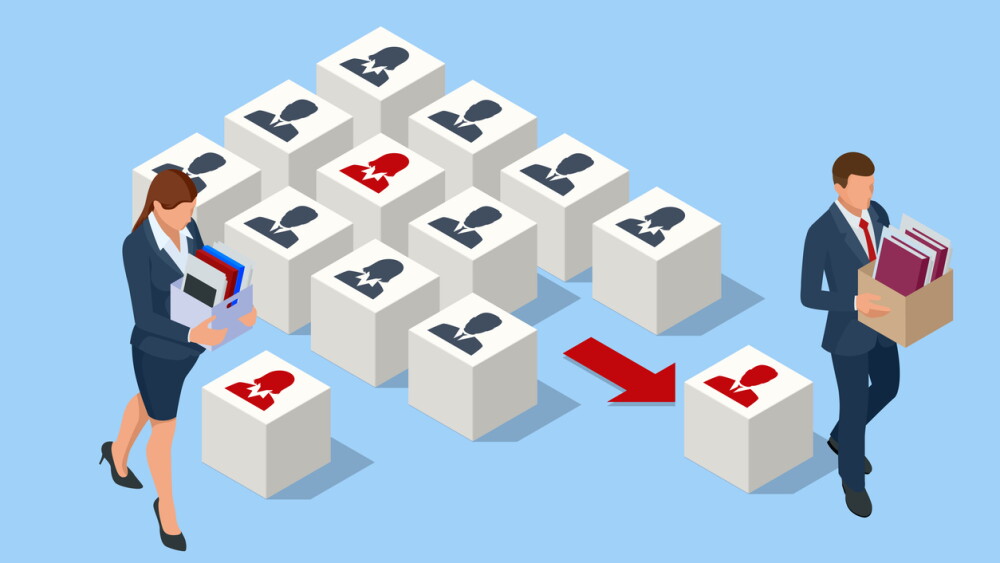 Isometric Layoffs and Dismissal. Workforce Reduction, Downsizing, Reorganization, Restructuring, Outsourcing. Unemployment, Jobless, Employee Job Reduction Metaphor. Sad Fired Office Worker with Box.