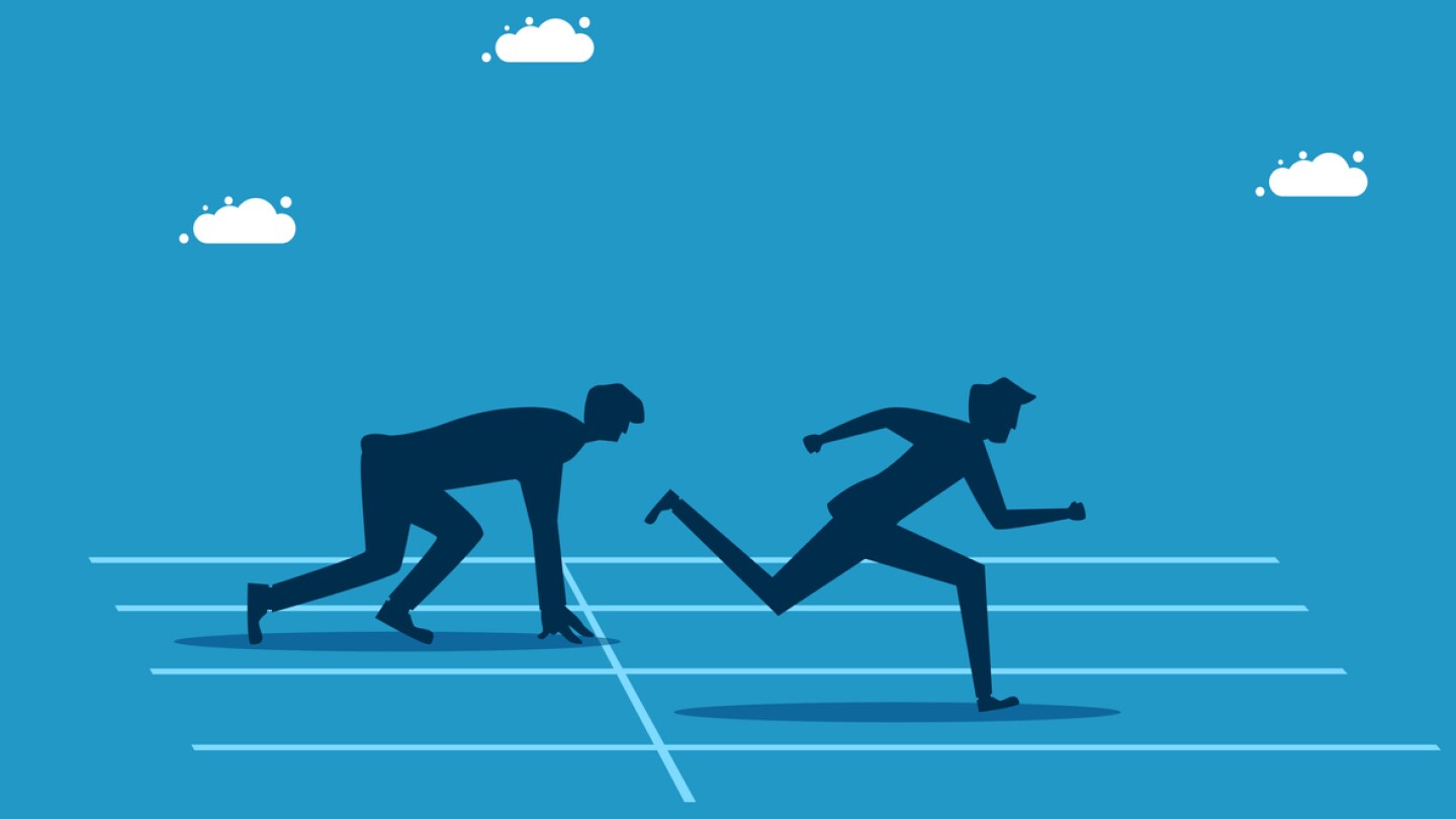 Start early or business advantage. Businessman starts running ahead of competitors vector