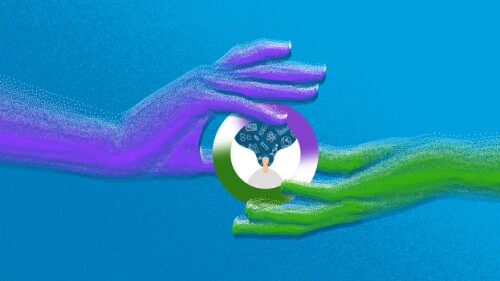 Pictured: Purple and green hands grabbing a profile picture/Nicole Bean for BioSpace