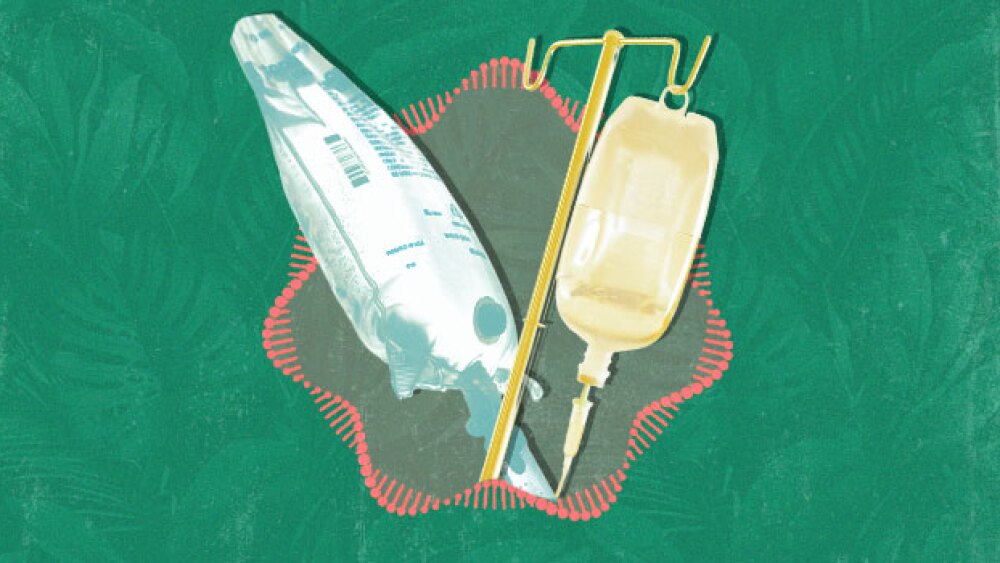 illustration of a circular RNA molecule and IV bags