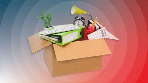 Illustration of cardboard box filled with office supplies, a computer keyboard, lamp, and a potted plant