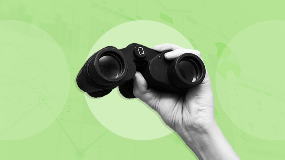 Illustration showing a hand holding binoculars against a green background