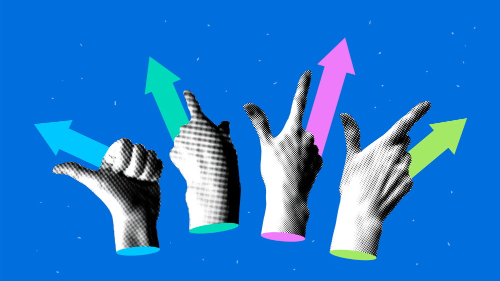 Modern collage with halftone hands pointing direction and arrows. Concept of opportunities and business development. Hands with fingers pointing in different directions. Path to goal, success