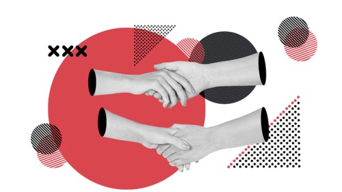 Women holding hands over a red circle on a geometric shapes background