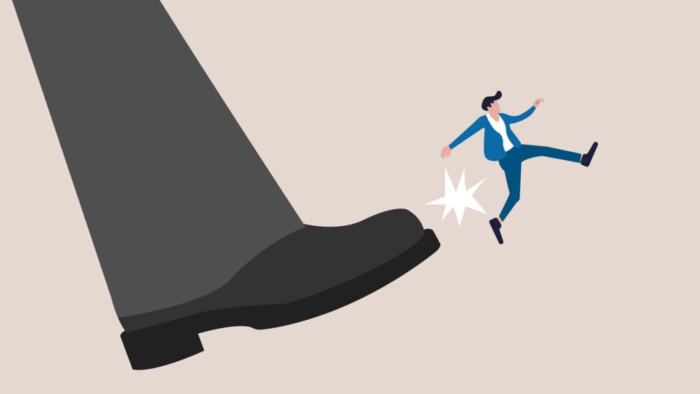 Boss kick fired employee away form office. concept of lay off or underperform, failure or mistake