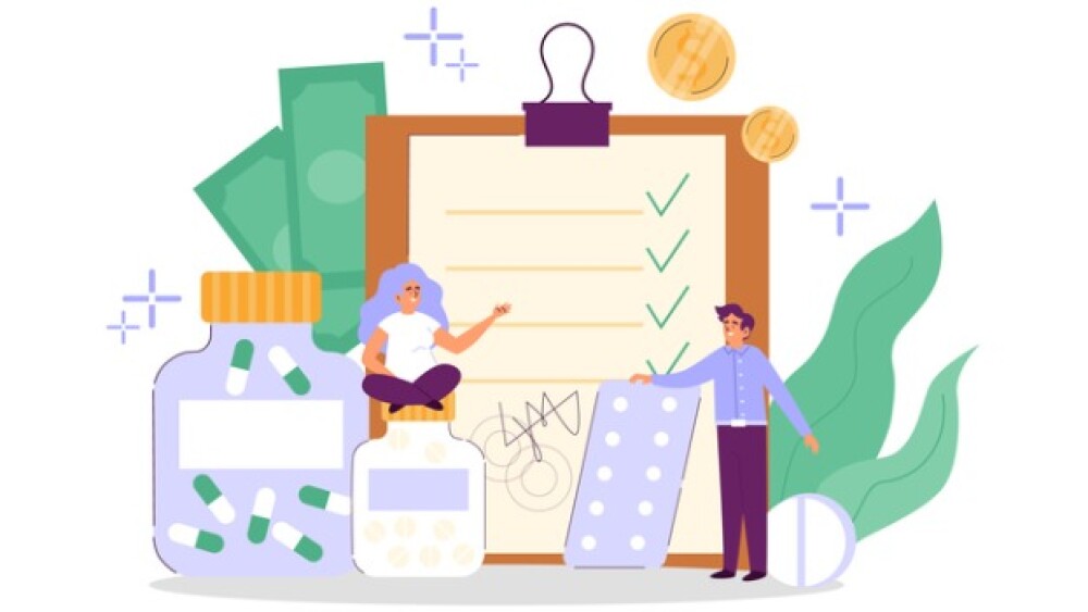 Pictured: An illustration of people, medicine, mon