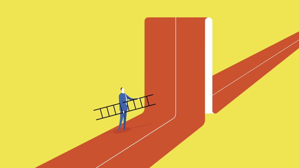 A businessman hold a ladder, he tried to break through barriers to move forward