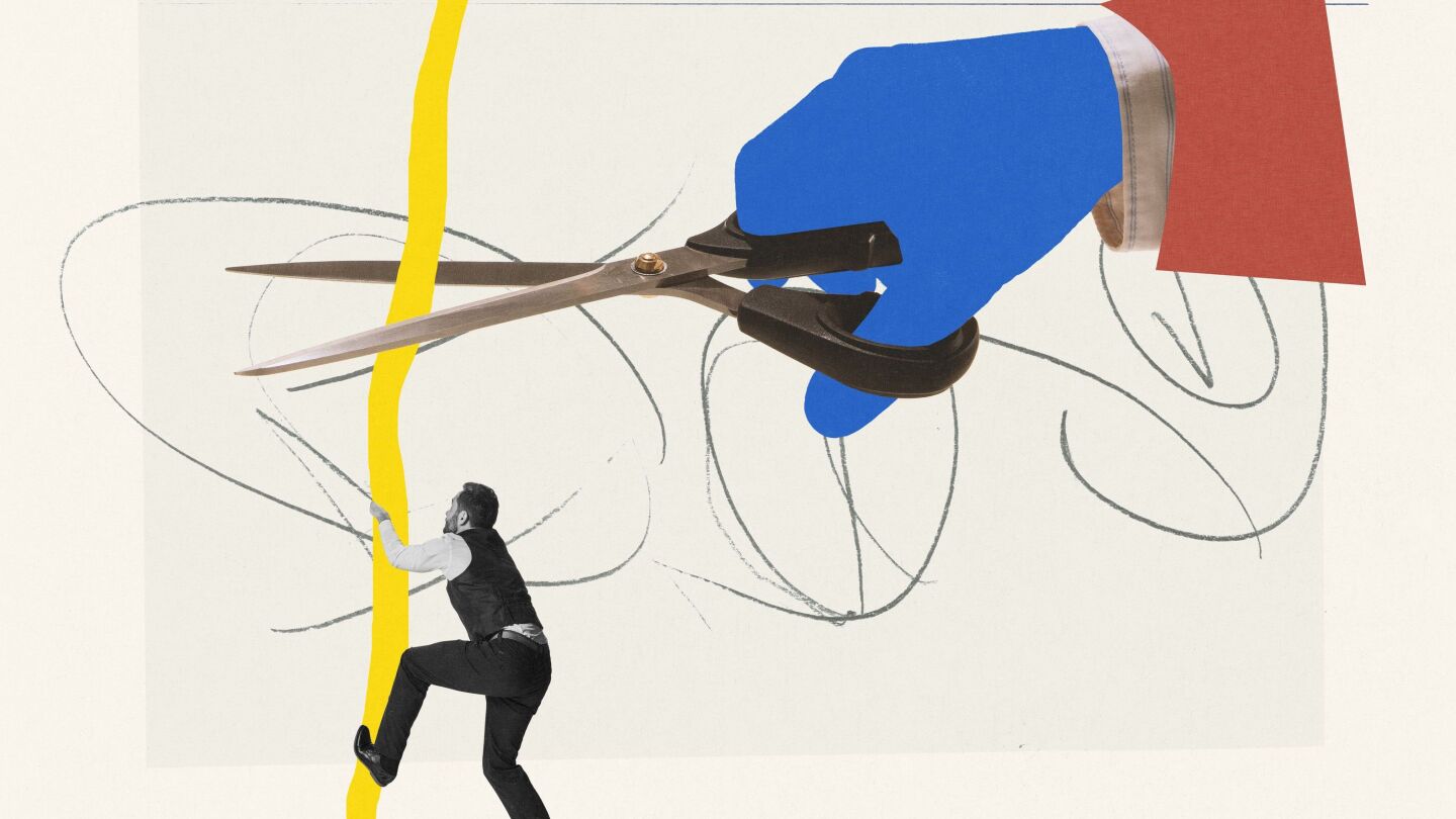 Contemporary art collage. Creative design. Illusion hand cutting rope that man climbing up. Professional challenges and competition. Concept of business, creativity, surrealism, growth, motivation
