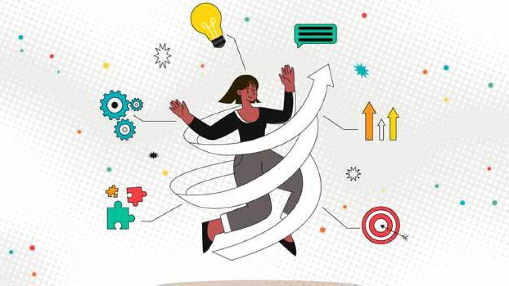 Pictured: Floating woman surrounded by puzzle piec