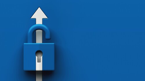 Minimal icon featuring open blue padlock with white upward arrow passing through it, symbolizing security, access, or unlocking new opportunities, digital access, data protection, 3d rendering